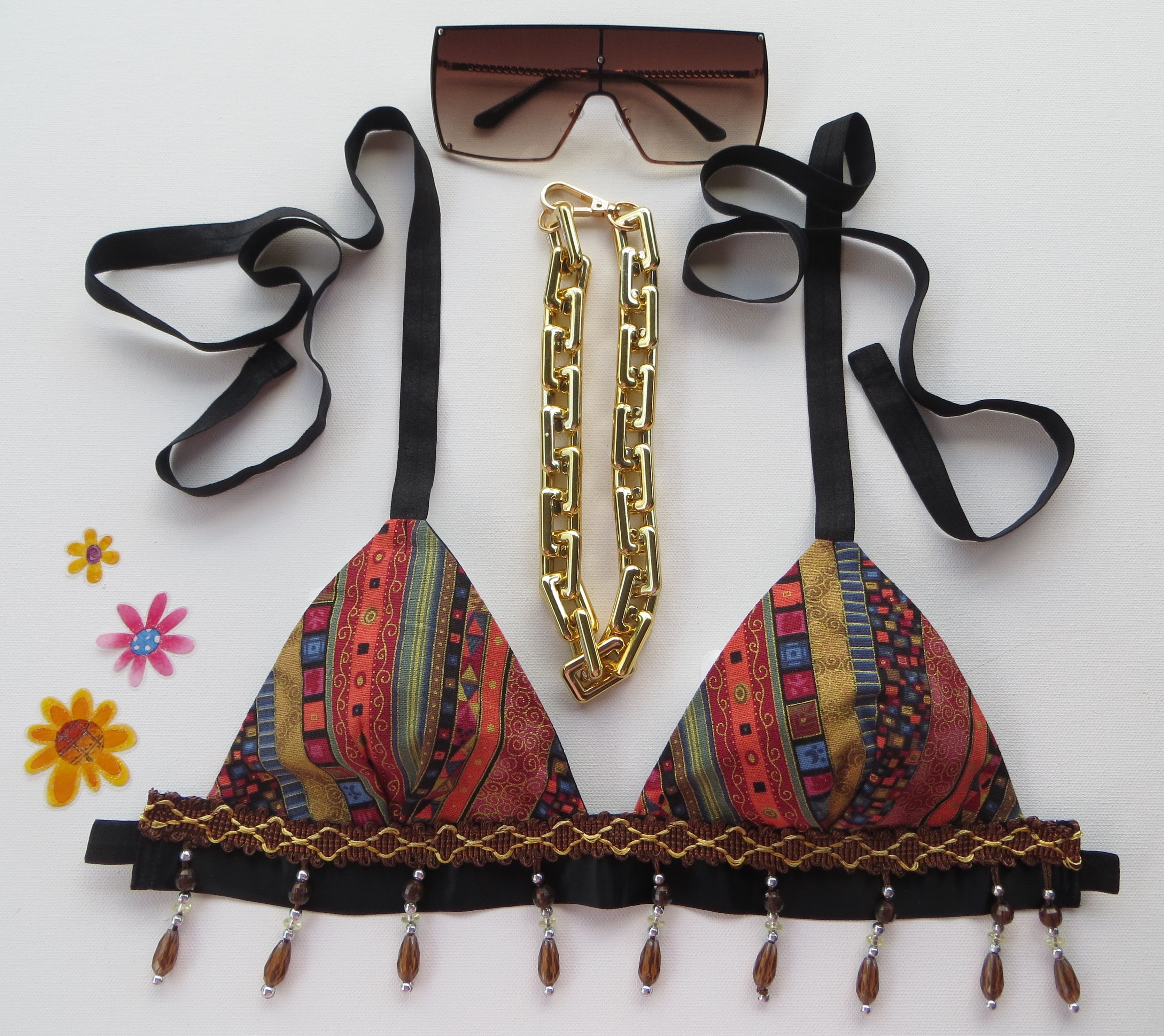Babylon Bralette Chocolate and Gold bead trim