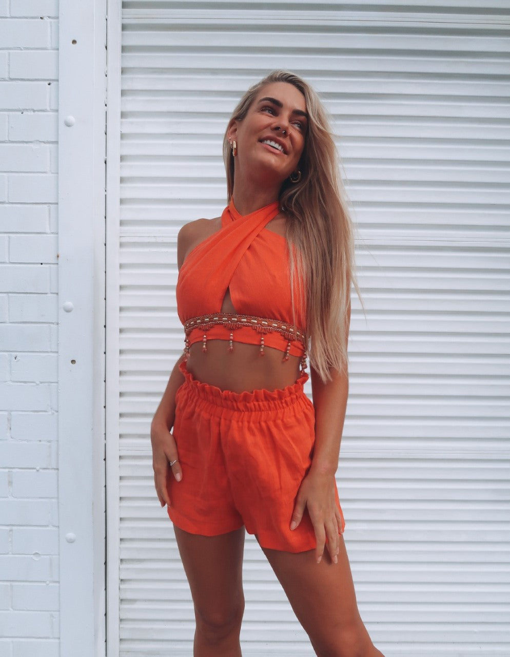 Camilla Beaded Halter Top - Tangerine